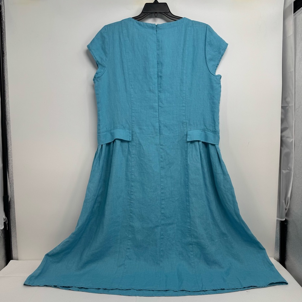 NWT Baltic Jura Linen Womens Size 46 Blue Midi Dress Short Sleeve V Neck Pockets - Picture 2 of 14